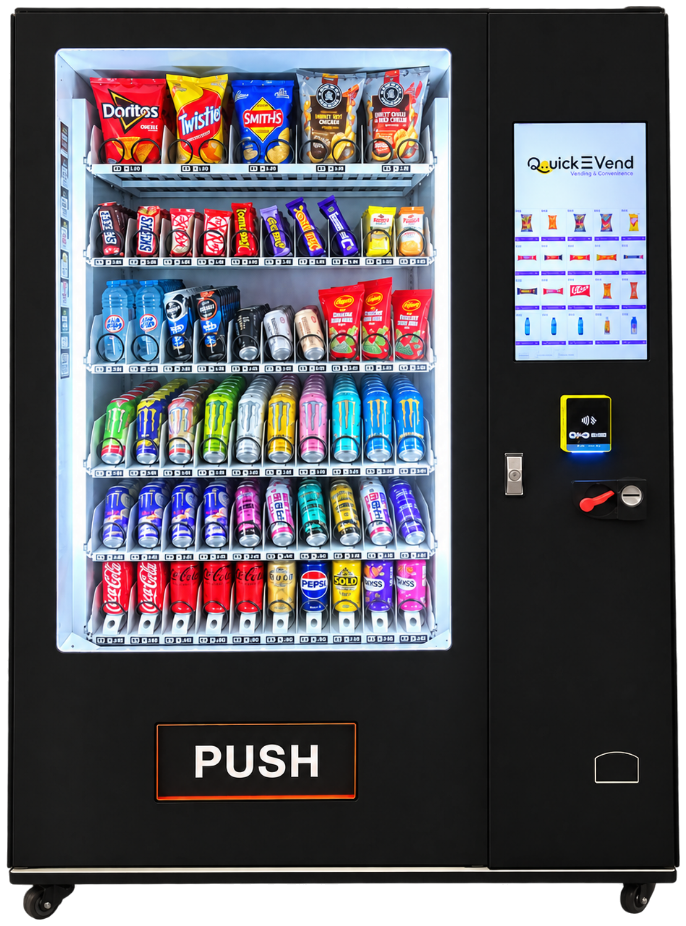 A QuickEVend vending machine stocked with snacks and drinks